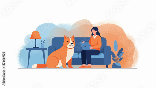 Person working on a laptop next to a dog on a couch