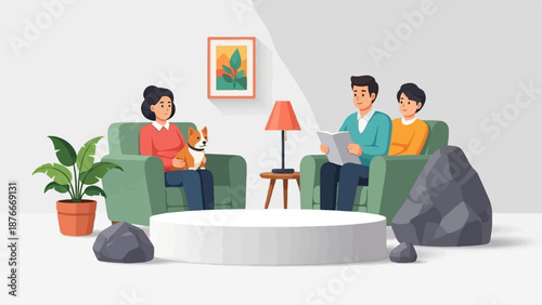 People relax in armchairs with a dog, plant, and reading material, indoors