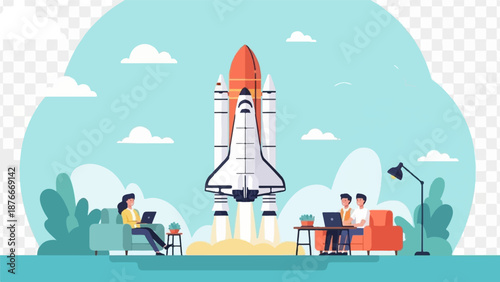 People working on laptops near a launching space shuttle under a cloudy sky