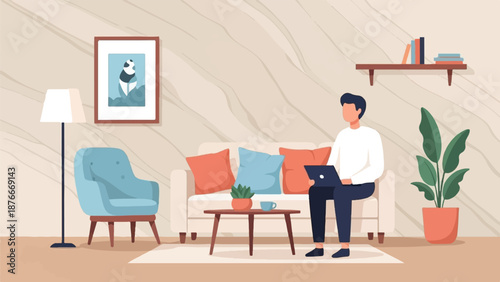 Person working on a laptop in a cozy living room with modern decor