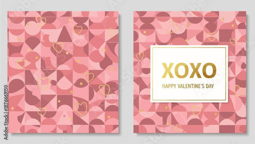 Valentine's Day card design featuring heart patterns and XOXO greeting