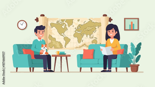 People relax in a cozy living room with a world map and a pet