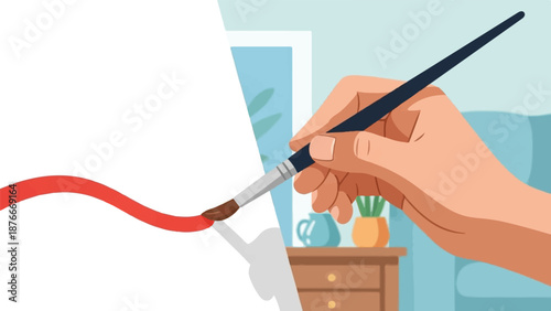 Hand holding paintbrush creating a red stroke on blank canvas with potted plant and pitcher