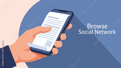 Hand holding a smartphone with text and graphics on screen, indicating social media browsing