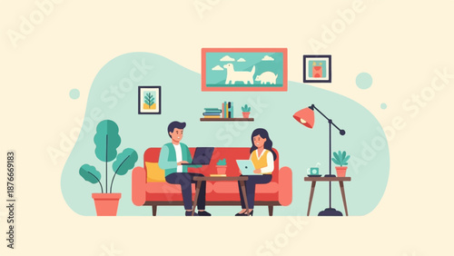 People working on laptops on a couch with plants and art in a room