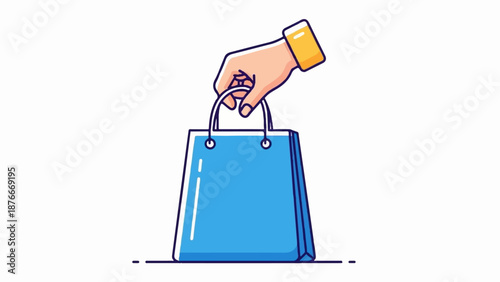 Hand holding a blue shopping bag with a yellow cuff