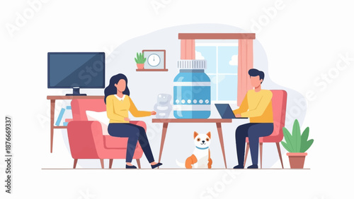 People relaxing at home with a dog, a large supplement bottle, and a laptop