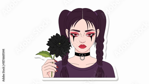 Gothic girl with pigtails, red eye makeup, and a black flower