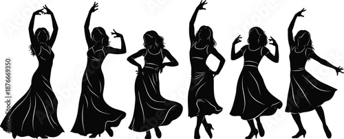 Vector illustration of dancing woman silhouettes—symbols for elegance, rhythm, movement, emotion, posture, tradition, style, and expressive choreography design