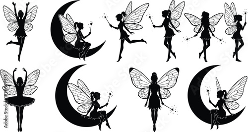 Vector illustration of fairy silhouettes—symbols for magic, fantasy, elegance, wings, moonlight, enchantment, mythical creatures, and whimsical character design graphics