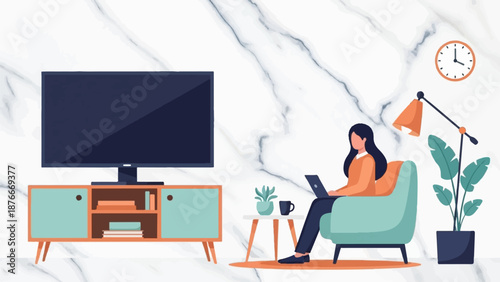 Person working on laptop in a room with TV and plant