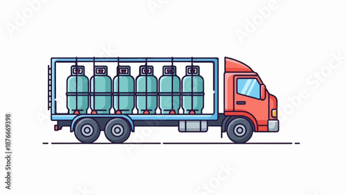 Red truck carrying six light blue gas cylinders in a cage