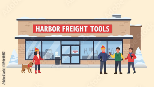 People and dog stand outside a winter-themed tool store