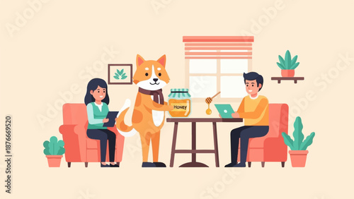 People and dog sharing honey in a cozy home setting with indoor plants