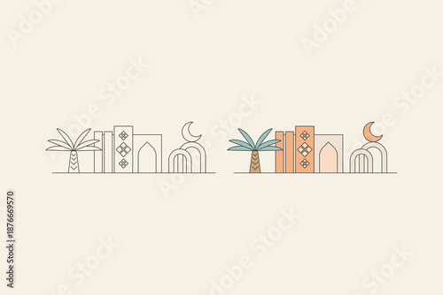Mosque illustration with two different styles. A modern and minimalist mosque design with a basic rectangular shape. A combination of cream and orange colors. vector illustration.