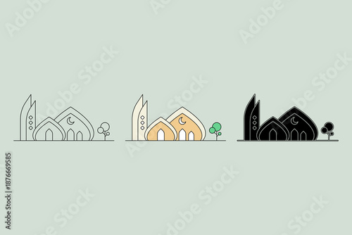 Mosque illustration with three different styles. A mosque with a modern and unique design. vector illustration.