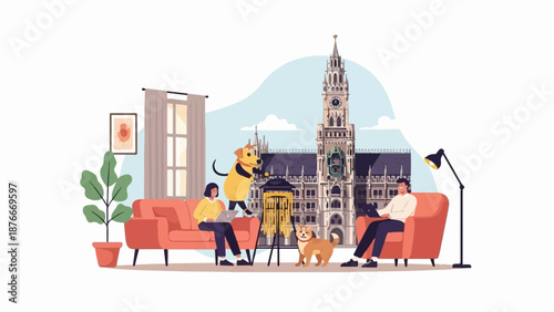 People and dogs relaxing indoors with a grand building visible through the window