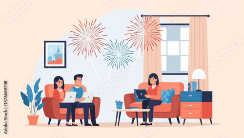 People celebrating indoors with fireworks displayed on the wall and outside