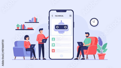 People collaborate around a smartphone displaying a chatbot interface