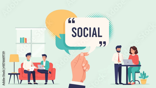 People collaborate and communicate through technology and speech bubbles