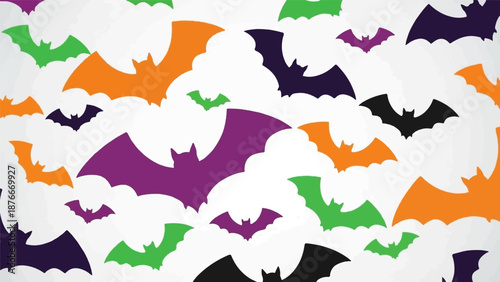 Numerous colorful bats scattered across a bright, cloudy background