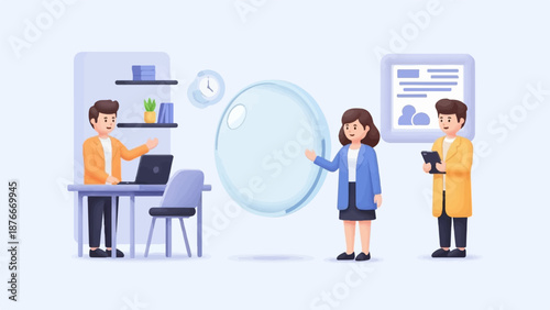 Office team collaborating on a project near a large translucent bubble