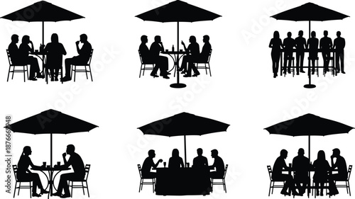 Vector illustration of outdoor dining silhouettes—symbols for social gathering, leisure, conversation, lifestyle, relaxation, community, interaction, and human connection design