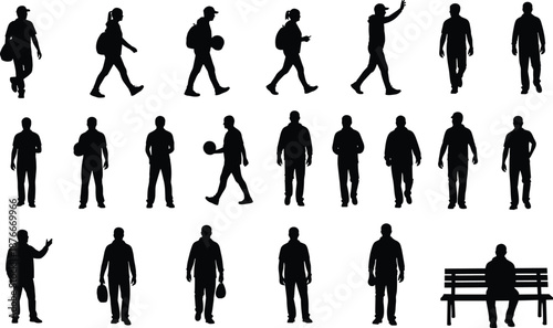 Vector illustration of human silhouettes—symbols for walking, posture, lifestyle, motion, activity, gesture, diversity, design, and expressive character modeling graphics