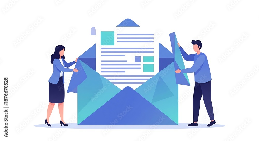 Obraz premium Business professionals collaborating on large email with document inside