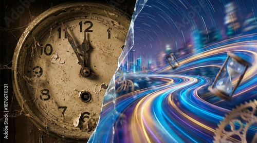Time Concept with Antique Clock and Light Trails for Futuristic Theme