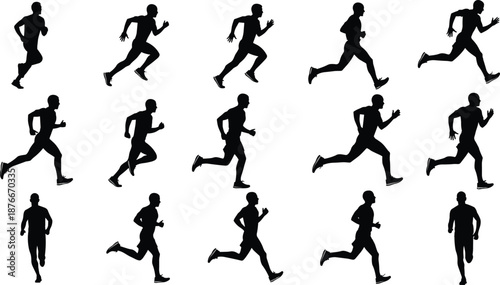 Vector illustration of running silhouettes—symbols for motion cycle, biomechanics, athletic posture, energy, stride analysis, training, and dynamic movement design