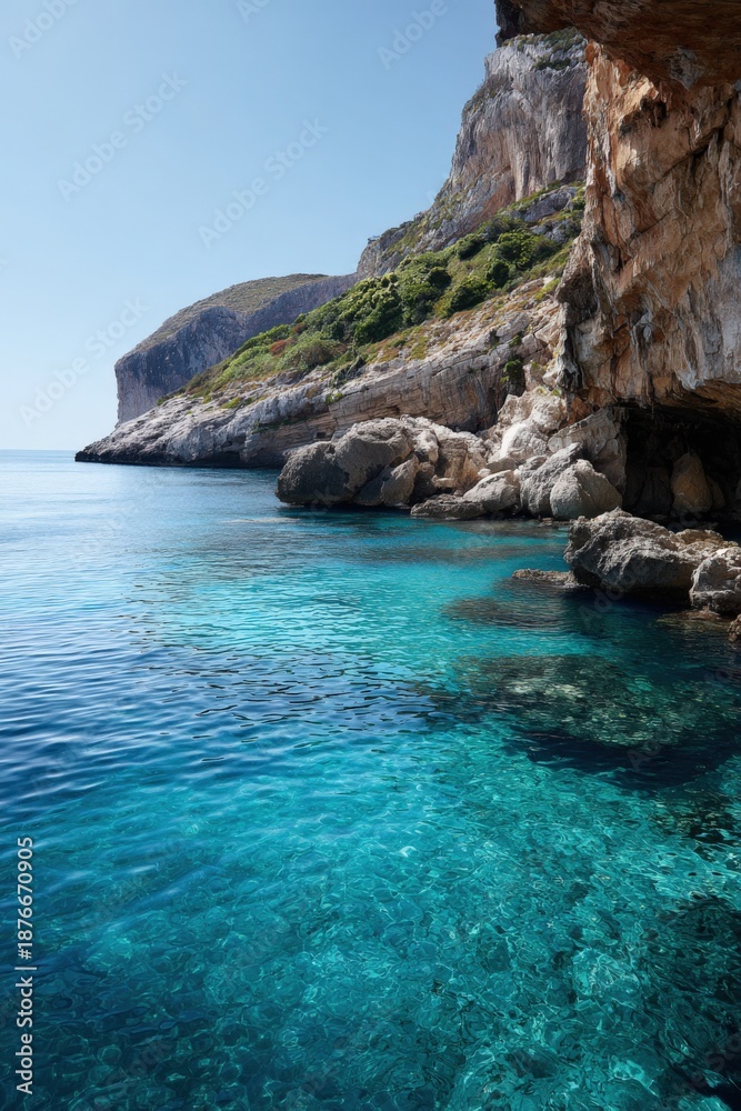 Fototapeta premium Crystal clear waters and rocky cliffs under a bright blue sky