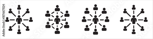 Central person connected to multiple individuals social network diagrams isolated on white