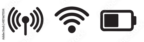 Telecommunication icons showing radio tower signal strength wifi symbol and device battery indicator