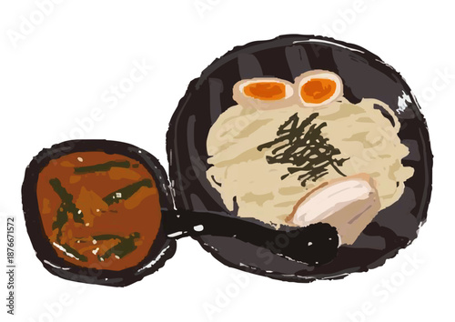 手描き風のつけ麺ラーメンイラスト 白背景｜和食、麺料理、グルメ、シンプルデザイン