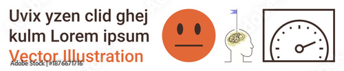 Emotional health, cognitive analysis, decision-making, performance tracking, academic studies, behavioral science. Neutral face, brain with flag speedometer icon. Emotional health and cognitive