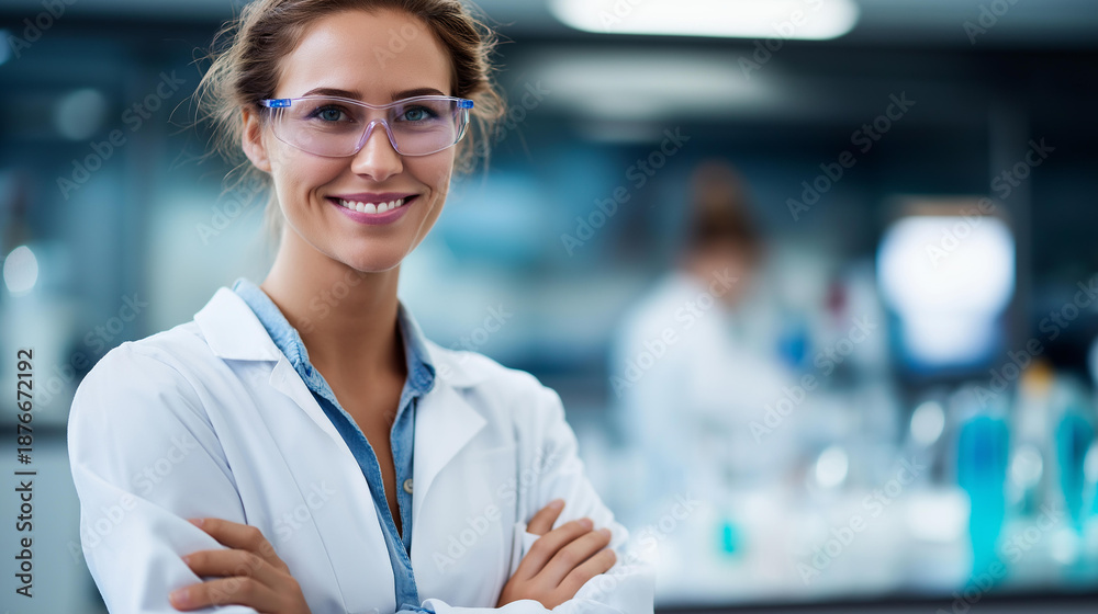 Fototapeta premium Faceless female research scientist standing proudly in chemistry lab conducting experiment, research professional, scientific investigation, defocused person, with copy space