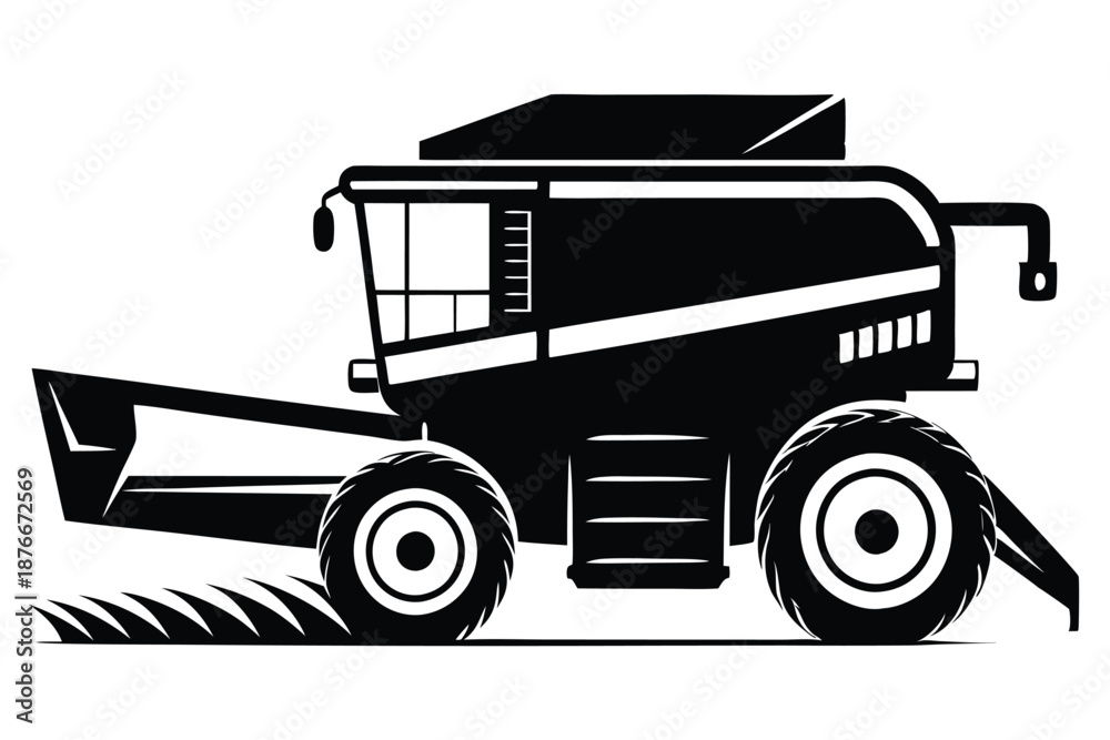 Fototapeta premium Industrial grain harvester silhouette, black and white farming equipment vector for agricultural business and harvest marketing