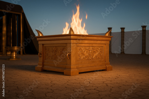 Brazen altar used for burnt offering as described in the Old Testament, associated with Moses and the Tabernacle worship practices.

