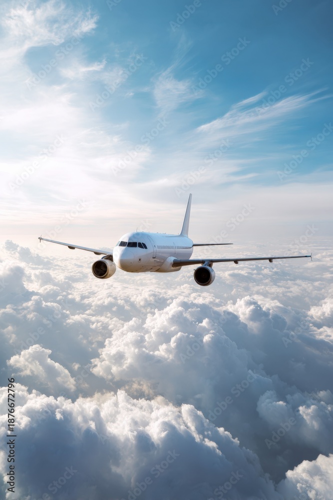 Obraz premium Passenger airplane flying above clouds in clear blue sky