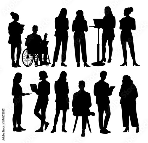 Minimalist black silhouettes of people standing, sitting, and using a wheelchair, including business, casual, and podium poses. Flat vector illustrations isolated on transparent background.