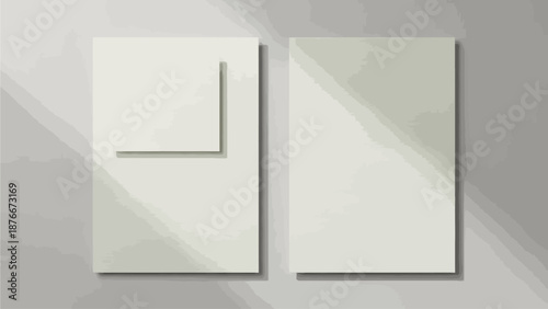 Two minimalist white rectangular cards on a gray background with subtle shadows and geometric shapes