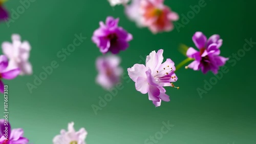 Delicate pink and purple flowers gracefully float against a green background