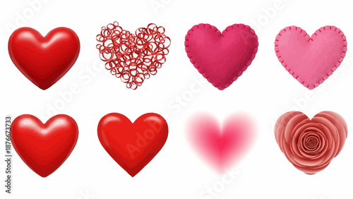 Collection of assorted heart icons in various shades of red and pink on a white background