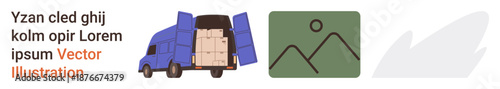 Logistics, delivery, transportation, storage, graphic design, freight. Blue delivery truck with open doors and cardboard boxes, landscape icon abstract shape. Logistics and delivery concepts