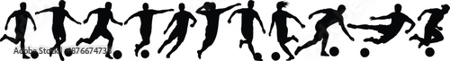 Set of football soccer player silhouette figures in motion poses