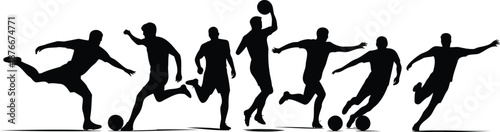 Dynamic soccer player silhouettes in an action sequence vector illustration
