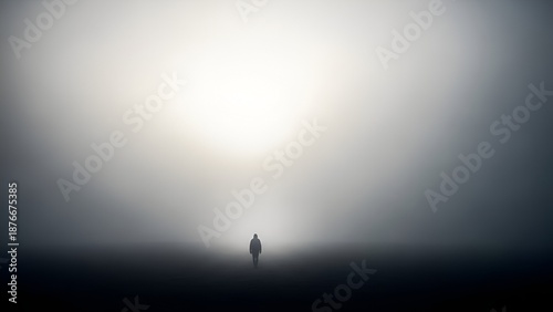 A solitary figure walks through the mist shrouded landscape of uncertainty
