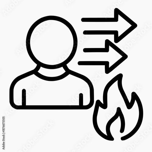 Line icon of a person with layered arrows and flame — rapid escalation, black on white, square minimalist style
