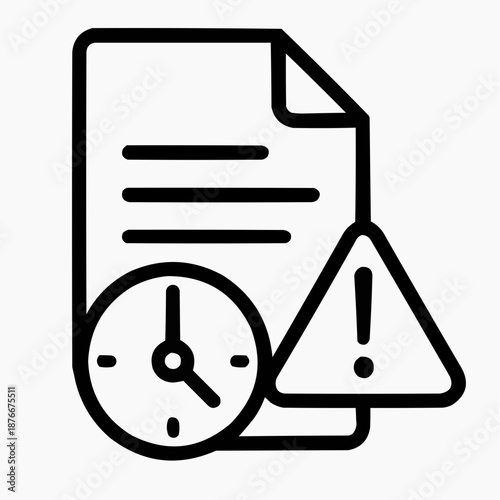 Line icon of a document with clock and exclamation mark — urgent paperwork, black on white, square minimalist style